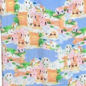 Cynthia Rowley Linen Greek Island Print Blue/Orange Faux Wrap Midi Skirt SZ Med